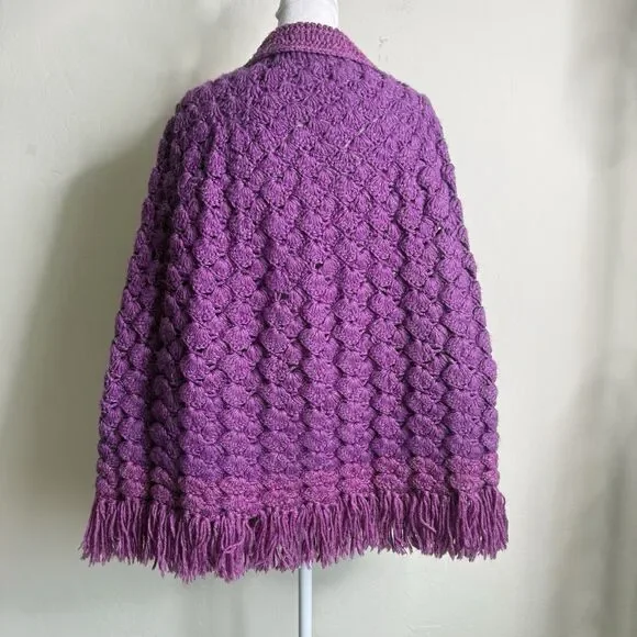 Handknit Crochet Purple Cape Poncho Wrap Sweater Chunky Fringe Granny Beige Boho - Picture 9 of 15